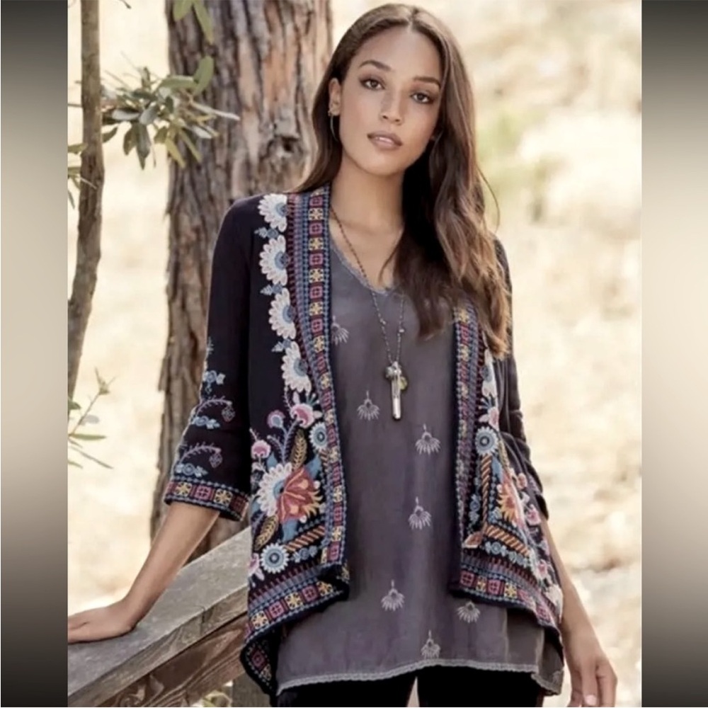 Johnny Was Black Open-Front Cardigan with Multicolor Floral Embroidery